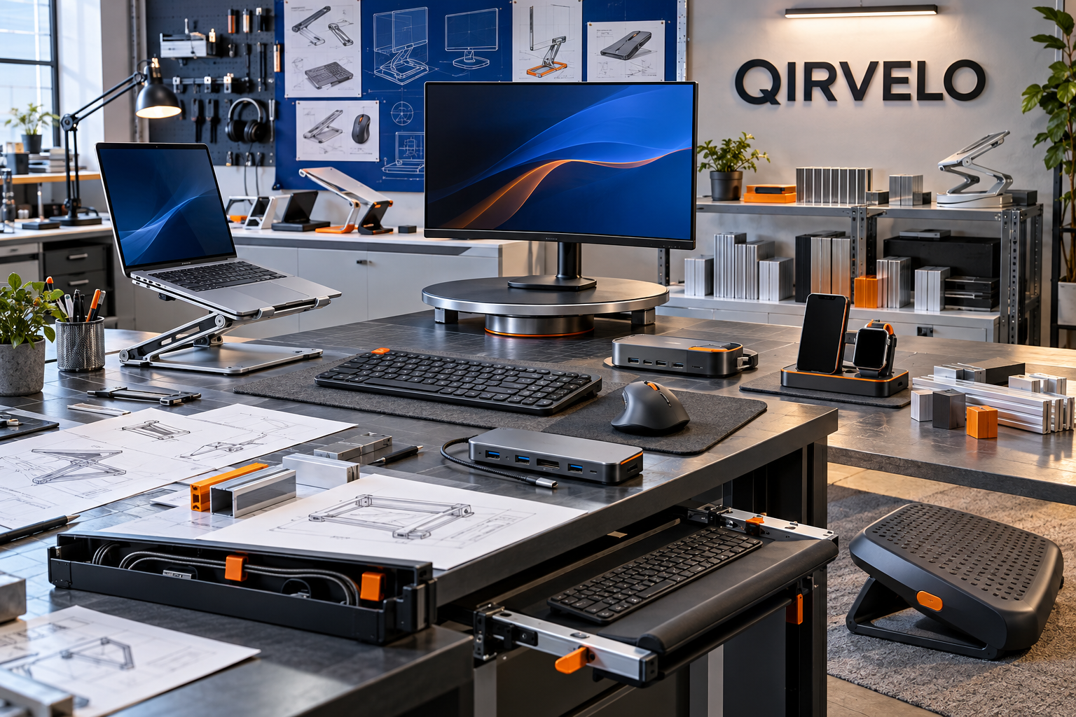 Qirvelo desktop productivity studio with laptop stand, monitor riser, keyboard, mouse, Type-C dock, charging station, cable tray and ergonomic footrest